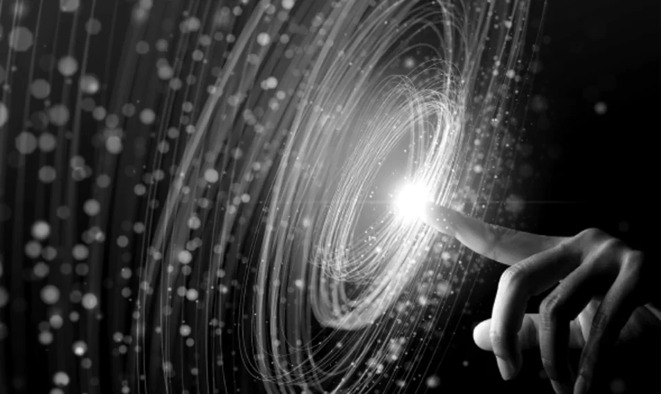 Finger pressing into data nebulas-looking data stream 