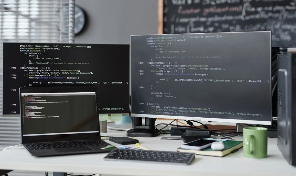 Multiple devices and screens displaying cybersecurity information